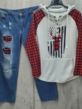 Raglan Sweatshirt Hooded and Jeans Womens XL Buffalo Plaid Flag Deer Cabincore
